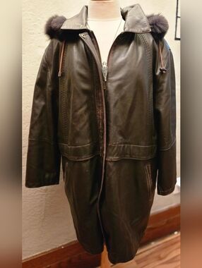 Vintage Leather Coat Hooded Fur Trim Removable Lining Canada Brown Jacket Luxe